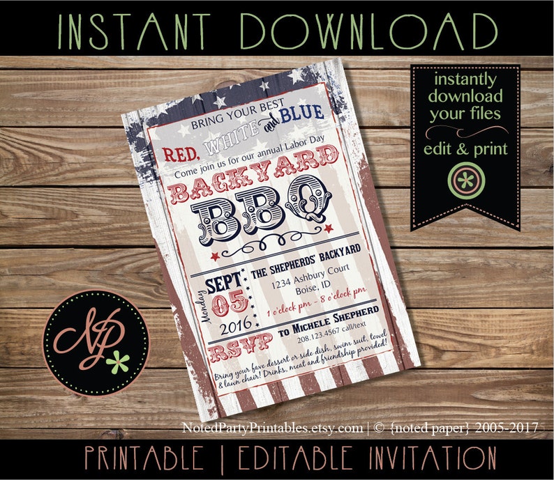 May include: A printable and editable invitation with a patriotic theme for a Labor Day Backyard BBQ. The design features red, white, and blue colors, with text that reads "Bring Your Best Red, White, and Blue." The invitation includes event details.
