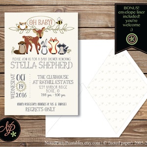 May include: A baby shower invitation featuring woodland animals, including an owl, deer, and fox. The invitation text reads "Oh Baby!" and includes the name "Stella Shepherd", date, time, and location. An envelope with a patterned liner is also included.