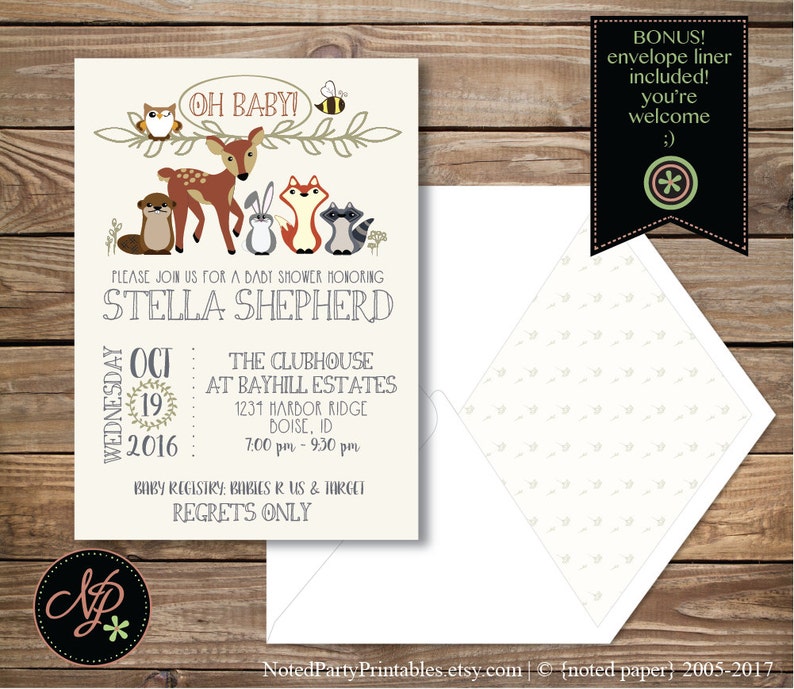 May include: A baby shower invitation featuring woodland animals, including an owl, deer, and fox. The invitation text reads "Oh Baby!" and includes the name "Stella Shepherd", date, time, and location. An envelope with a patterned liner is also included.