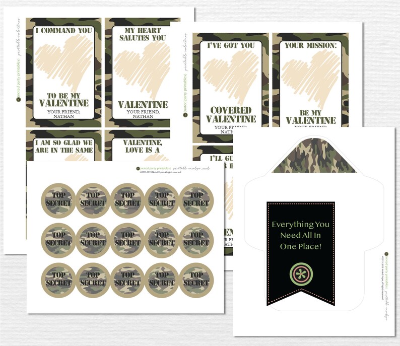 K&ouml;nnte beinhalten: Druckbare Valentinstagskarten und Aufkleber mit Camouflage-Muster. Die Karten zeigen skizzierte Herzen und S&auml;tze wie "I Command You To Be My Valentine". Die Aufkleber tragen die Aufschrift "Top Secret".