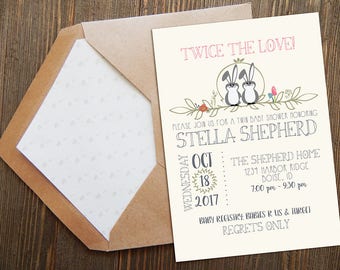 Twin Girls Baby Shower Invitation, Woodland Twins Baby Shower, Rustic Baby Shower Invite, Forest Shower Invite, Twin Bunny Baby Shower