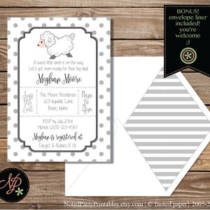May include: A baby shower invitation with a gray polka dot background and a white envelope. The invitation features a cartoon sheep and text that reads "A sweet little lamb is on the way." Includes envelope liner.