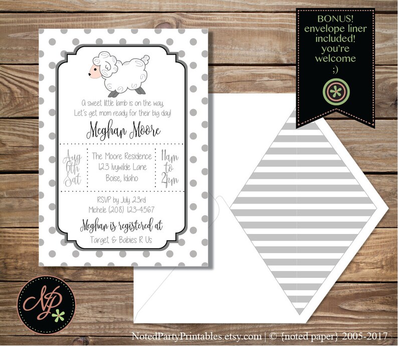 May include: A baby shower invitation with a gray polka dot background and a white envelope. The invitation features a cartoon sheep and text that reads "A sweet little lamb is on the way." Includes envelope liner.