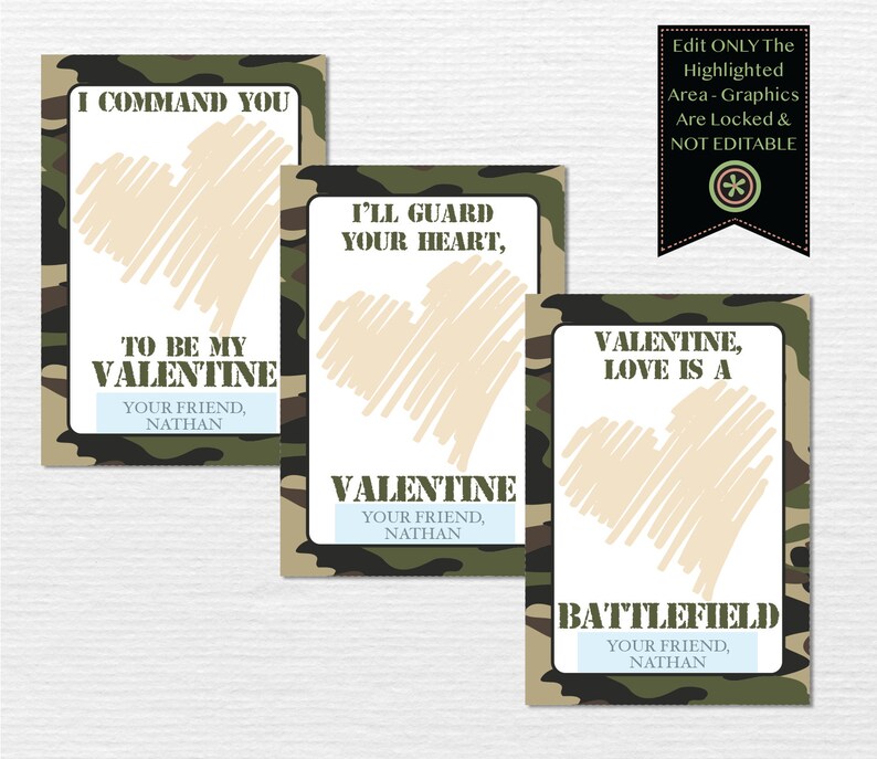 K&ouml;nnte beinhalten: Drei Valentinstagskarten mit einem Tarnmuster-Rand. Jede Karte hat ein beiges Herz und eine andere Botschaft: "I Command You To Be My Valentine", "I'll Guard Your Heart, Valentine" und "Valentine, Love Is A Battlefield".