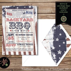 May include: A patriotic Labor Day BBQ invitation with a red, white, and blue theme. The design features a distressed wood background, stars, and stripes, with the text "Backyard BBQ" in a vintage font. Includes an envelope liner.
