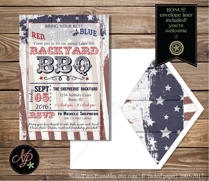 May include: A patriotic Labor Day BBQ invitation with a red, white, and blue theme. The design features a distressed wood background, stars, and stripes, with the text "Backyard BBQ" in a vintage font. Includes an envelope liner.
