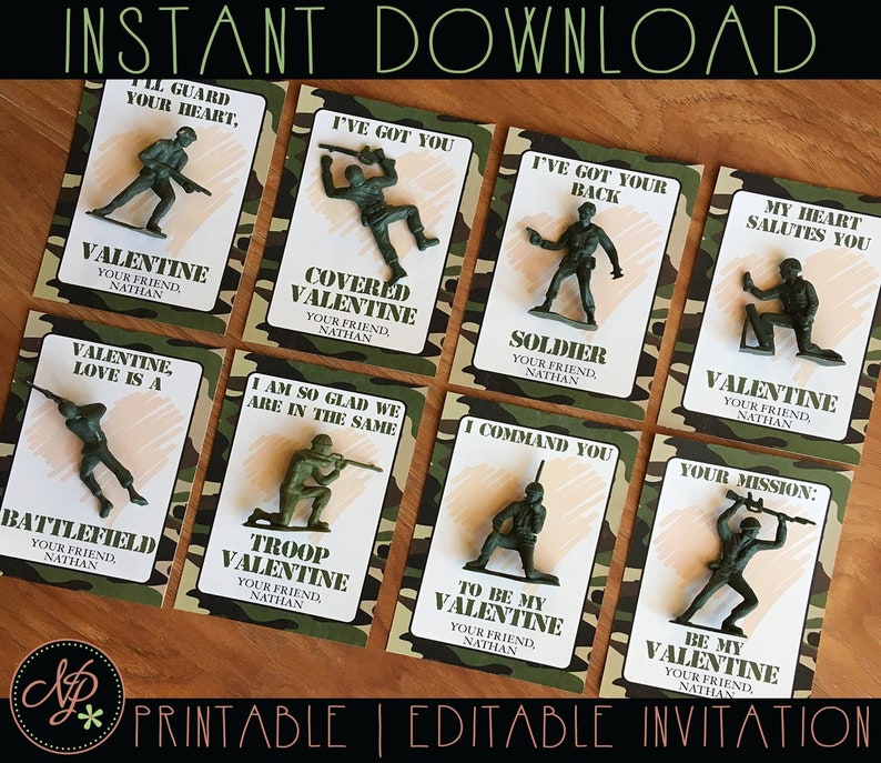 K&ouml;nnte beinhalten: Ein Satz druckbarer Valentinstagskarten mit Tarnmuster und gr&uuml;nen Spielzeugsoldaten. Jede Karte enth&auml;lt eine andere Valentinstagsbotschaft, wie "Ich habe dich" und "Sei mein Valentinstag". Die Karten sind mit "Printable | Editable Invitation" beschriftet.