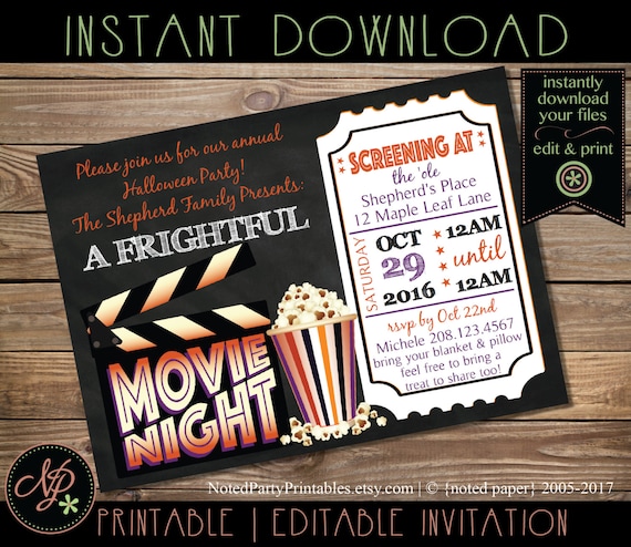 Halloween Party Invitation, Printable Chalkboard Halloween Party Invite, Halloween Party Movie Night Invite , Instant Edit, Download pdf