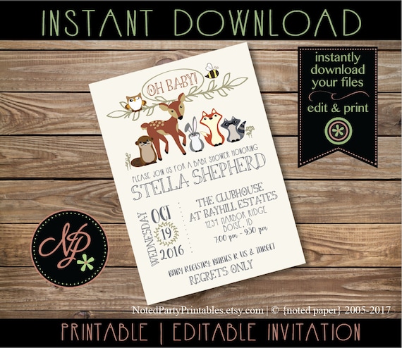 Woodland Animal Baby Shower Invitation, Woodland Baby Shower, Woodland Invitation, Rustic Baby Shower Invite, Forest Baby Shower Invite