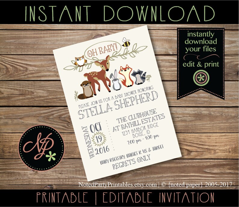 May include: A printable baby shower invitation with woodland animal illustrations, including a deer, fox, and raccoon. The invitation features the text "Oh Baby!" and event details for Stella Shepherd's baby shower, including the date, time, and location.