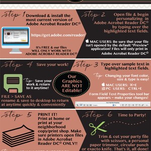 May include: A guide for editing PDF files, featuring a step-by-step process. The design includes a dark background with peach and green accents, and instructions on downloading Adobe Acrobat Reader, saving, and printing. The text includes "Time to Party!"