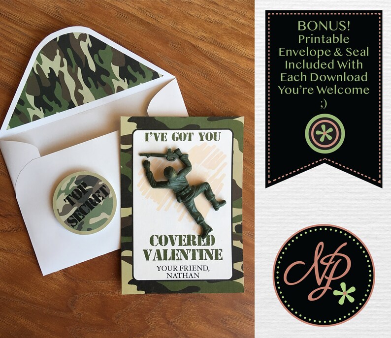 K&ouml;nnte beinhalten: Eine Valentinstagskarte mit einem Spielzeugsoldaten, dem Text "I'VE GOT YOU COVERED VALENTINE" und einem passenden Tarnumschlag und Aufkleber. Die Karte enth&auml;lt den Text "Your Friend, Nathan."