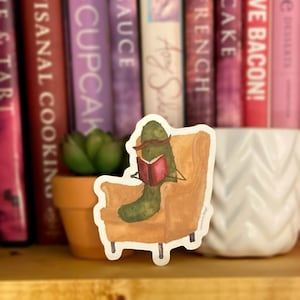 Whimsical Pickle with Mustache Reading a Book Laptop Water Bottle Sticker image 1