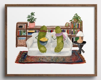 Whimsical Pickles Watching TV Eating Popcorn Watercolor Art Print