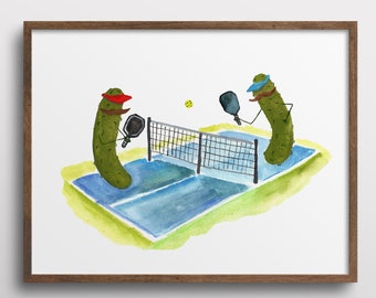 Whimsical Pickles with Mustaches playing Pickleball Watercolor Art Print