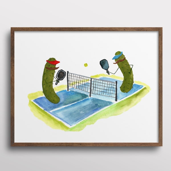 Whimsical Pickles with Mustaches playing Pickleball Watercolor Art Print
