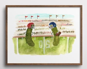 Whimsical Pickles with Mustaches playing Football Watercolor Art Print