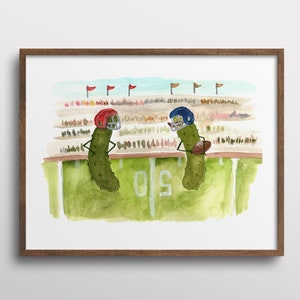 Whimsical Pickles with Mustaches playing Football Watercolor Art Print
