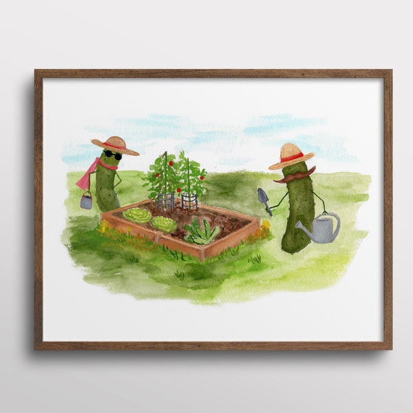 Whimsical Pickles Gardening in a Raised Bed Garden Watercolor Art Print