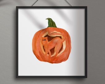 Carved Pumpkin Jack-o-Lantern Black Cat Halloween Watercolor Art Print