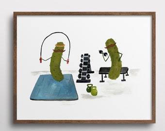 Whimsical Pickles with Mustaches Working Out at the Gym Watercolor Art Print