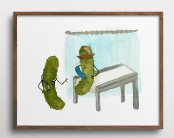 Whimsical Pickles in the Hospital Doctor Nurse Patient Watercolor Art Print