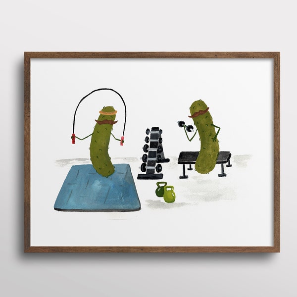 Whimsical Pickles with Mustaches Working Out at the Gym Watercolor Art Print