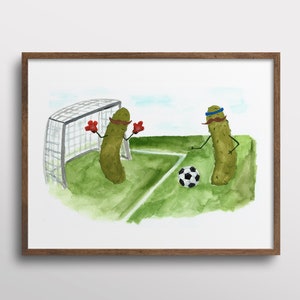 Whimsical Pickles with Mustaches playing Soccer Watercolor Art Print