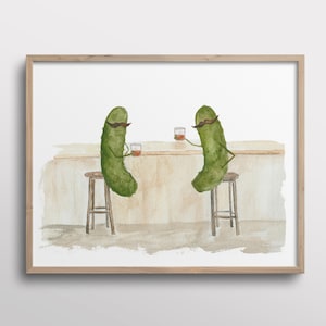 Whimsical Pickles with Mustaches Drinking Whiskey at the Bar Watercolor Art Print