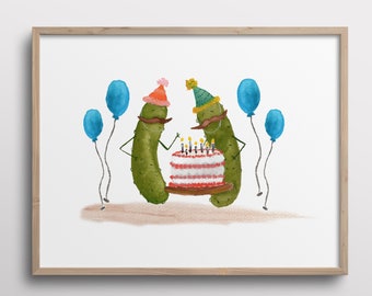 Whimsical Pickles with Mustaches having a Birthday Party Cake Watercolor Art Print