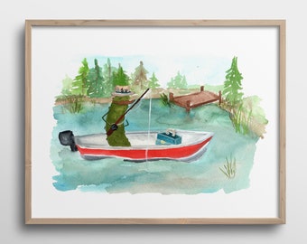 Whimsical Pickle with a Mustache Going Fishing in a Boat Watercolor Art Print