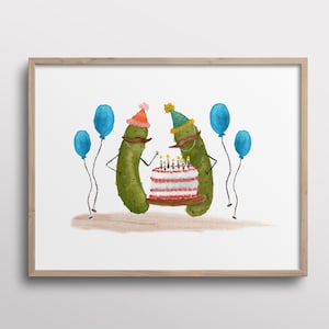Whimsical Pickles with Mustaches having a Birthday Party Cake Watercolor Art Print