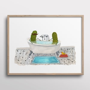 Whimsical Pickles with Mustaches Taking a Bubble Bath in the Bathtub Watercolor Art Print