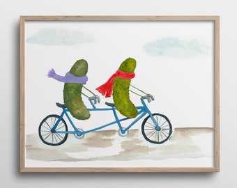 Whimsical Pickles with Scarves on a Bicycle Built for Two Watercolor Art Print