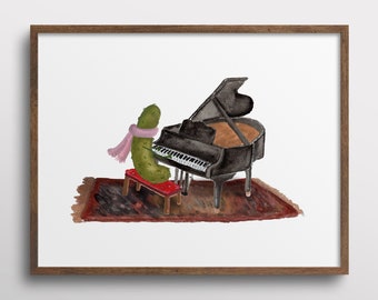 Whimsical Pickle Playing Piano Watercolor Art Print