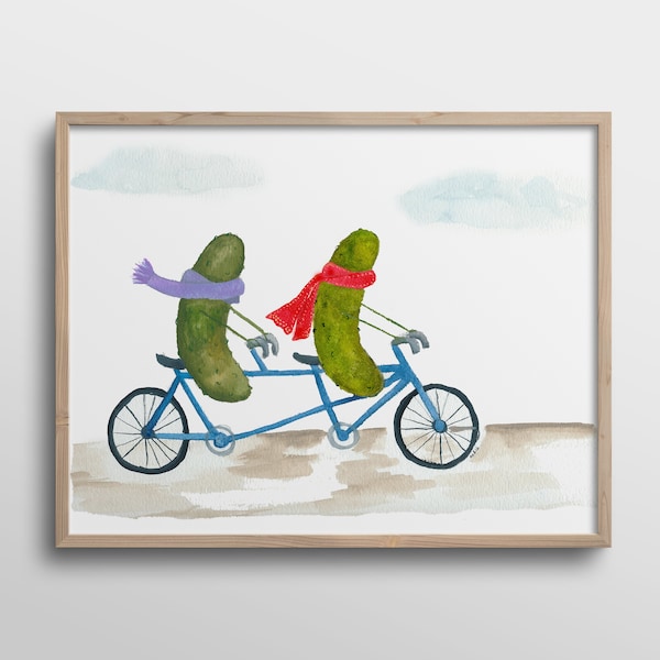 Whimsical Pickles with Scarves on a Bicycle Built for Two Watercolor Art Print