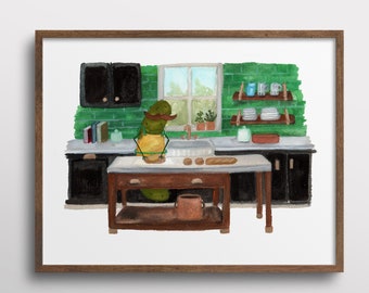 Whimsical Pickle with a Mustache Baking Bread Cooking in the Kitchen Watercolor Art Print