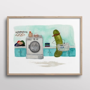 Whimsical Pickle doing Laundry Watercolor Art Print