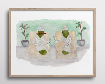 Whimsical Pickles with Mustaches Relaxing at the Spa Watercolor Art Print