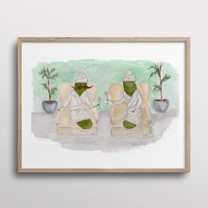 Whimsical Pickles with Mustaches Relaxing at the Spa Watercolor Art Print image 1