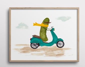 Whimsical Pickle on a Vespa Scooter Watercolor Art Print