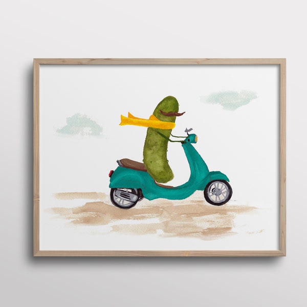 Whimsical Pickle on a Vespa Scooter Watercolor Art Print