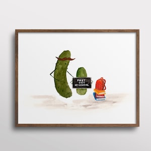 Whimsical Pickle First Day of School Kids Watercolor Art Print image 1