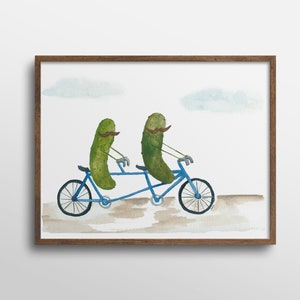 Whimsical Pickles with Mustaches on a Bicycle Built for Two Watercolor Art Print