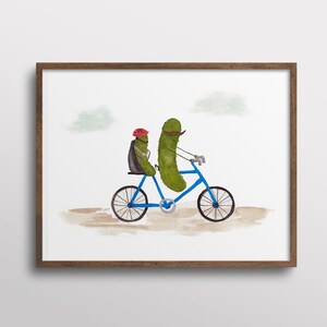Whimsical Pickle with Mustache and Kid riding a Bicycle Watercolor Art Print