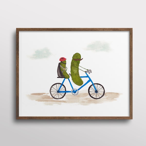 Whimsical Pickle with Mustache and Kid riding a Bicycle Watercolor Art Print