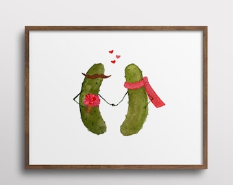 Whimsical Pickles with Mustaches in Love Watercolor Art Print