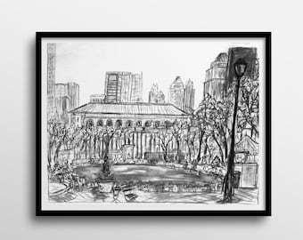 Bryant Park New York City Black and White Abstract Charcoal Drawing Art Print