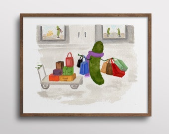 Whimsical Pickle Shopaholic Shopping Watercolor Art Print