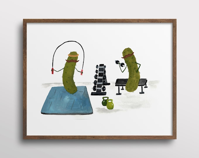 Whimsical Pickles with Mustaches Working Out at the Gym Watercolor Art Print
